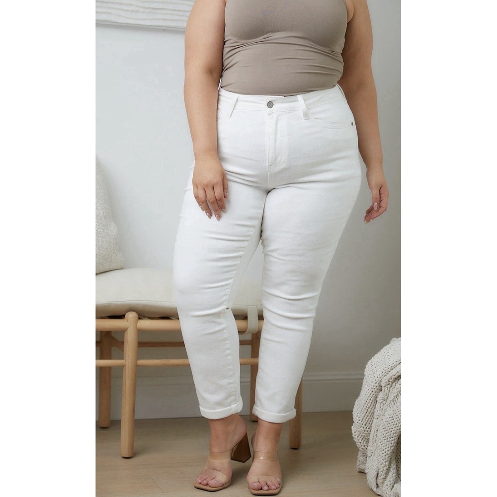 Judy Blue Jeans White Size 24 W High Rise Boyfriend Cuffed NWT Stretch Classic‎